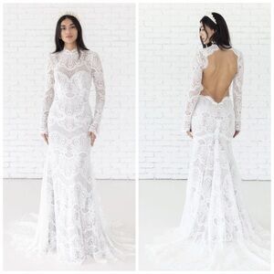 Willowby Watters Orianna 59113 Lace Wedding Dress Ivory White Open Back Size 8